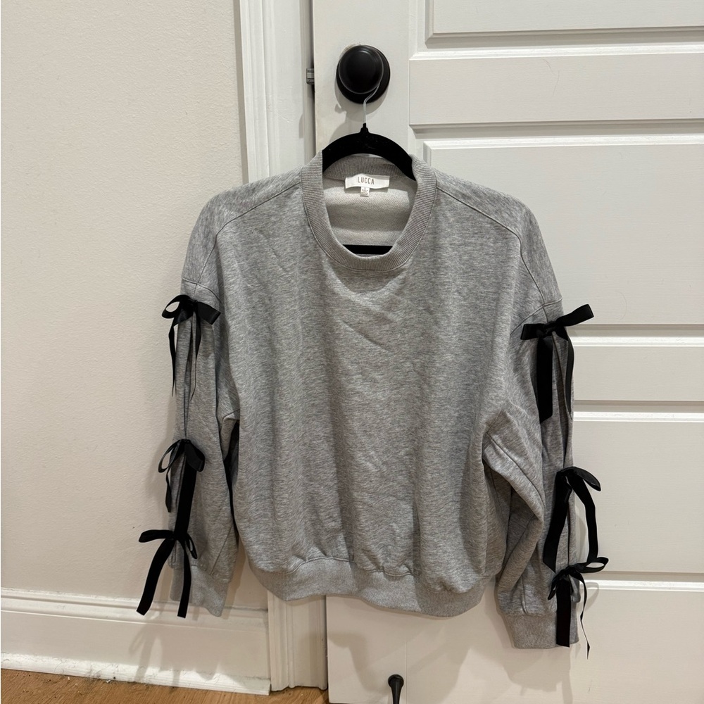 Gray Sweatshirt with Black Ribbon Details